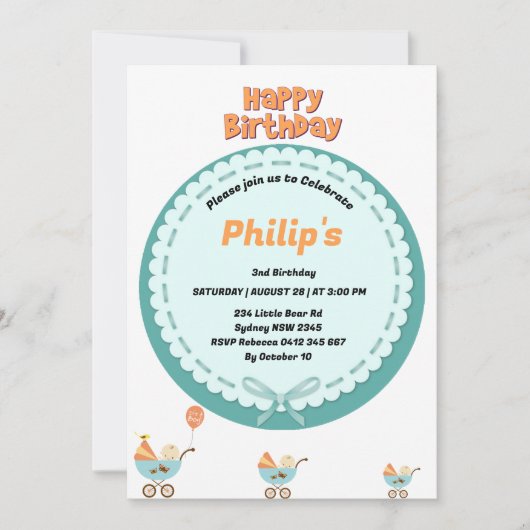 Invitation Cute baby in stroller birthday  (Devant)