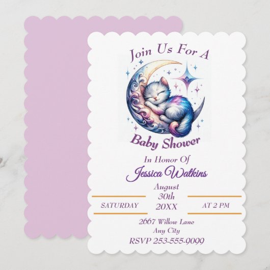 Invitation Cute Baby Kitten dormant sur une demi-lune (Devant / Derrière)