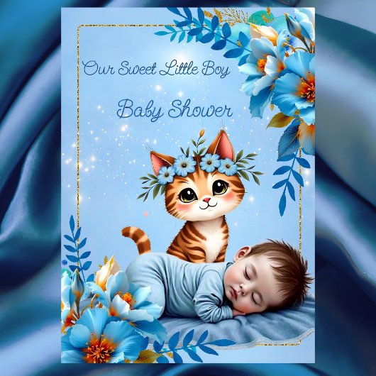 Invitation Cute Baby Shower Boy Blue Little Cat Kitten