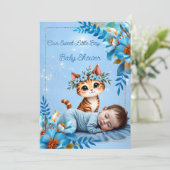 Invitation Cute Baby Shower Boy Blue Little Cat Kitten (Debout devant)