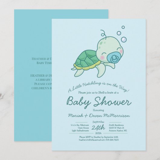 Invitation Cute Baby shower de tortue de mer Kawaii Blue Boy (Devant / Derrière)