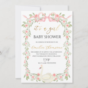 Invitation Cute Baby shower en ruban rose pâle du cygne flora