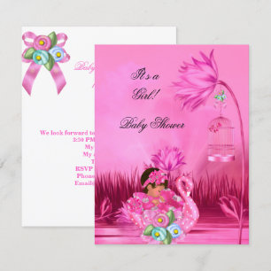 Invitation Cute Baby shower fille bébé Hot rose cygne magique