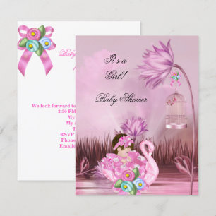 Invitation Cute Baby shower fille bébé Hot rose cygne magique