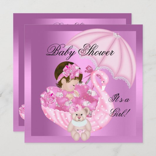 Invitation Cute Baby shower fille bébé rose cygne blanc (Devant / Derrière)