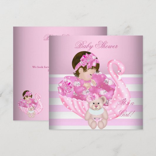 Invitation Cute Baby shower fille bébé rose cygne blanc (Devant / Derrière)