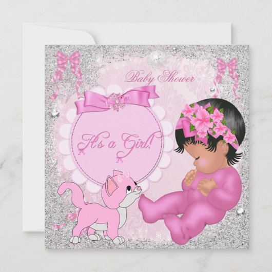 Invitation Cute Baby shower Fille Kitten Pink Snowflakes (Devant)