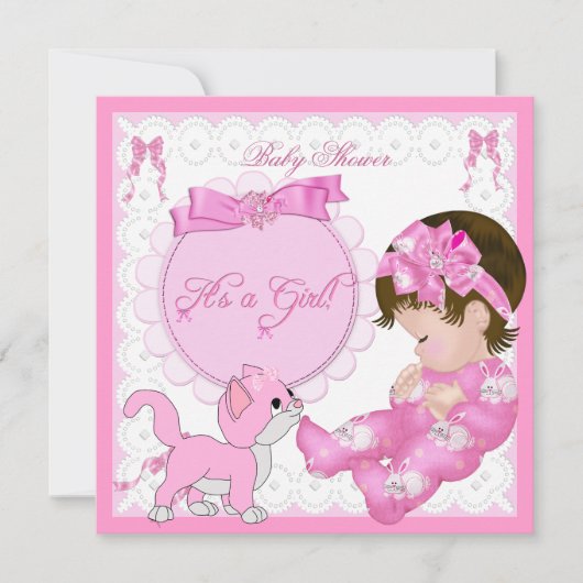 Invitation Cute Baby shower Fille Kitten Rose Blanc (Devant)