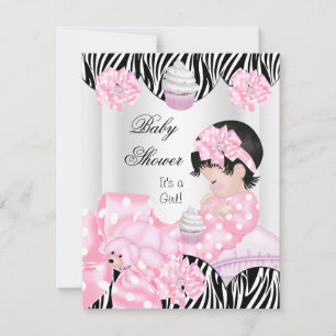 Invitation Cute Baby shower fille rose Zebra Cupcake