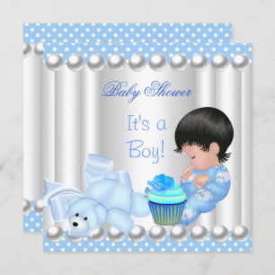 Invitation Cute Baby shower Garçon cupcake bleu Spots