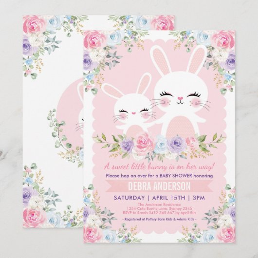 Invitation Cute Baby shower lapin de printemps aquarelle Flor (Devant / Derrière)