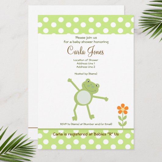 Invitation Cute Baby shower Leapfrog Vert Point Orange Fleur