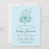 Invitation Cute Baby shower Octopus Kawaii Blue Boy (Devant)