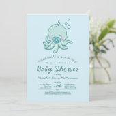 Invitation Cute Baby shower Octopus Kawaii Blue Boy (Debout devant)