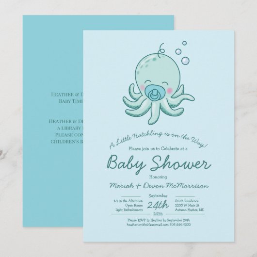 Invitation Cute Baby shower Octopus Kawaii Blue Boy (Devant / Derrière)