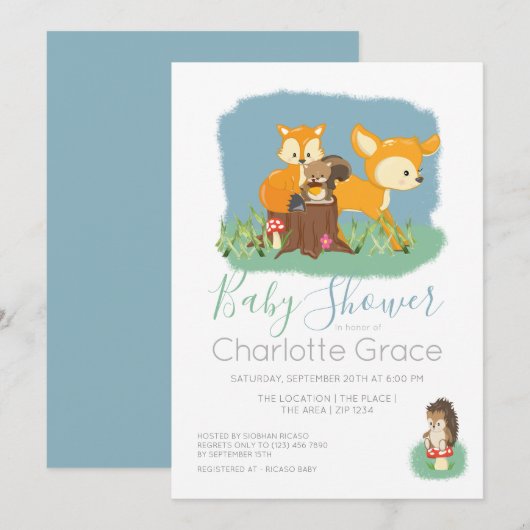 Invitation Cute Baby shower Unisex Animaux en bois (Devant / Derrière)