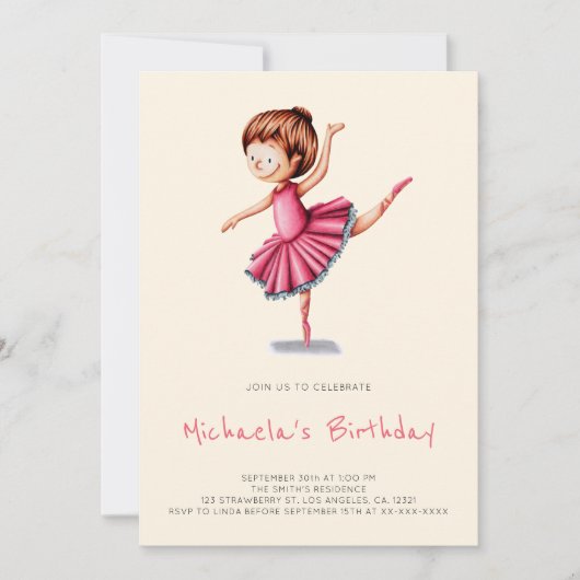 Invitation Cute Ballerina Pink Tutu Danse Fille Anniversaire (Devant)