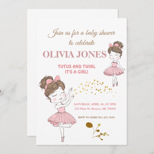 Invitation Cute ballerine tutus rose, parties scintillant bri (Devant / Derrière)