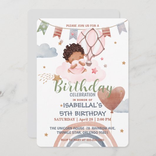 Invitation Cute Balloon Filles afro-américaines fête d'annive (Devant / Derrière)