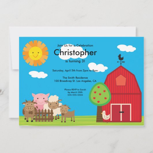 Invitation Cute Barn Yard Animaux de ferme Anniversaire Invit (Devant)
