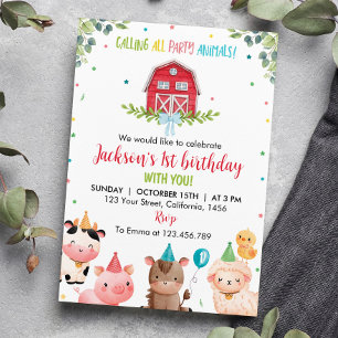 Invitation Cute Barnyard Animaux de ferme 1er anniversaire In