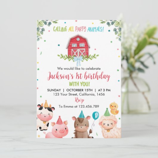 Invitation Cute Barnyard Animaux de ferme 1er anniversaire In (Debout devant)