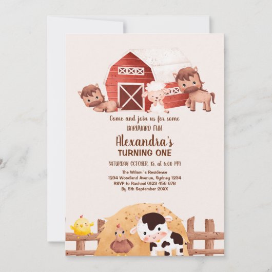 Invitation Cute Barnyard Farm Animaux 1er Anniversaire (Devant)