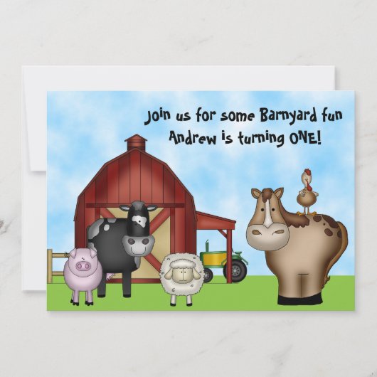 Invitation Cute Barnyard Farm Animaux 1er anniversaire fête (Devant)