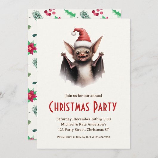 Invitation Cute Bat Santa Hat Rouge Poinsettias Noël (Devant / Derrière)