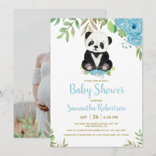 Invitation Cute Bear Aquarelle Bleu Baby shower garçon Photo