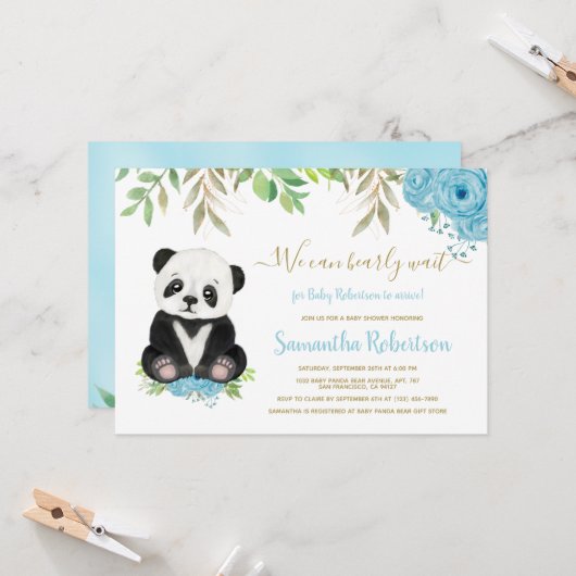 Invitation Cute Bear Aquarelle Bleu verdure Baby shower garço (Devant/Arrière en situation)