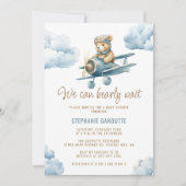 Invitation Cute Bear Avion Blue Boy Baby shower (Devant)