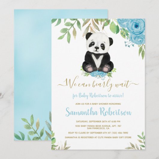 Invitation Cute Bear Blue Boy Nous pouvons Bearly Wait Baby s (Devant / Derrière)