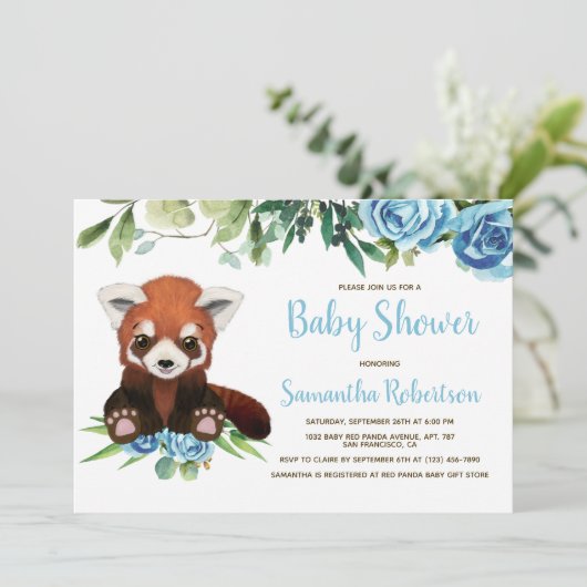Invitation Cute Bear Blue Greenery Floral Boy Baby shower (Debout devant)