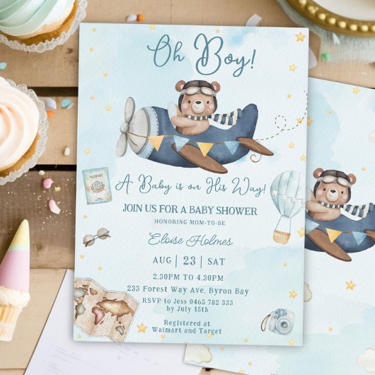 Invitation Cute Bear Blue Plane Aventure Oh Boy Baby shower