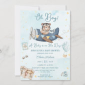 Invitation Cute Bear Blue Plane Aventure Oh Boy Baby shower (Devant)