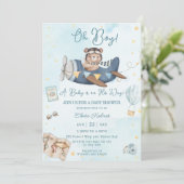 Invitation Cute Bear Blue Plane Aventure Oh Boy Baby shower (Debout devant)