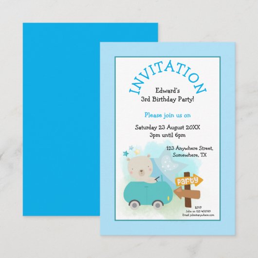 Invitation Cute Bear Car Boy 3e anniversaire Party Blue (Devant / Derrière)