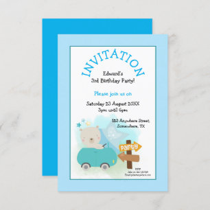 Invitation Cute Bear Car Boy 3e anniversaire Party Blue