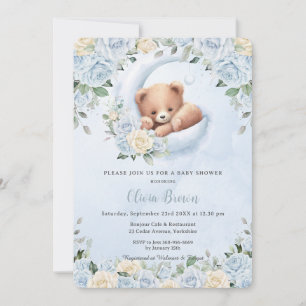Invitation Cute Bear Croissant Lune Bleu Baby shower Floral