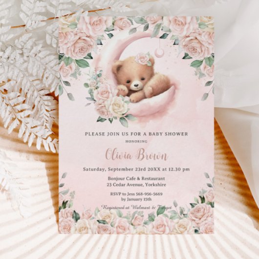 Invitation Cute Bear Croissant Lune Blush Floral Baby shower