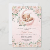Invitation Cute Bear Croissant Lune Blush Floral Baby shower (Devant)