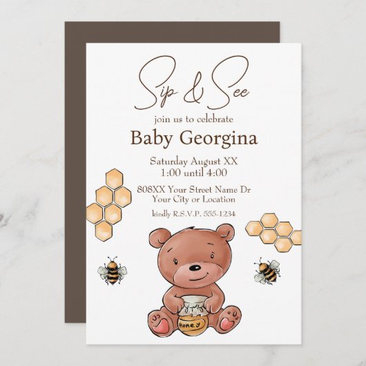 Invitation Cute Bear Cub and Honey Bees Baby Sip and See (Devant / Derrière)