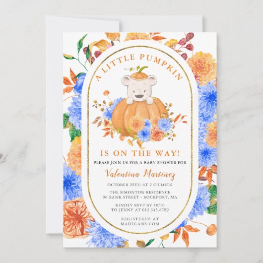 Invitation Cute Bear dans un Citrouille Boy Fall Baby shower (Devant)
