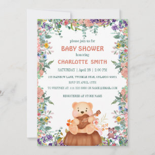Invitation Cute Bear jouer guitare flore baby shower aquarell
