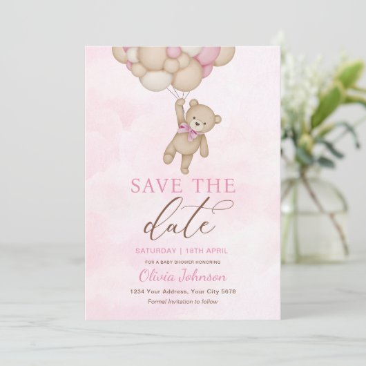 Invitation Cute Bear Pink Save the Date (Debout devant)