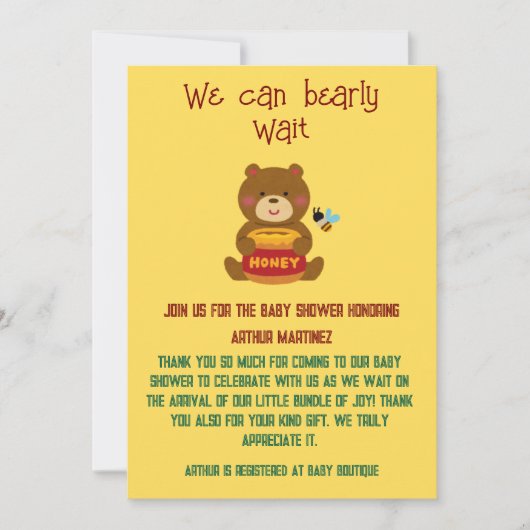 Invitation Cute Bear thème Baby shower garçon (Devant)