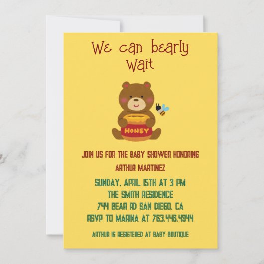 Invitation Cute Bear thème Baby shower garçon (Devant)