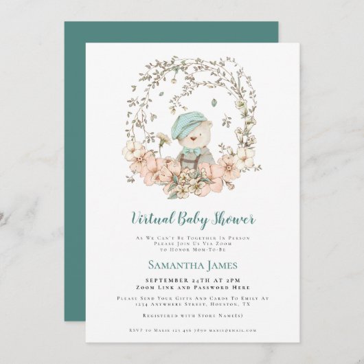 Invitation Cute Bear Vintage Turquoise Baby shower virtuel (Devant / Derrière)