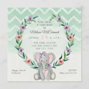 Invitation Cute bébé Eléphant Wreath Floral Chevron Motif